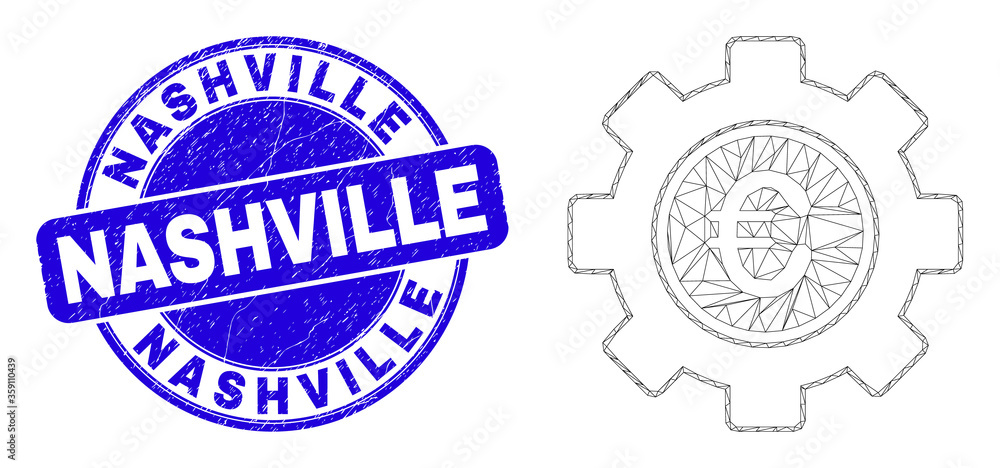 Web carcass euro gear icon and Nashville seal. Blue vector rounded grunge seal stamp with Nashville message. Abstract frame mesh polygonal model created from euro gear icon.