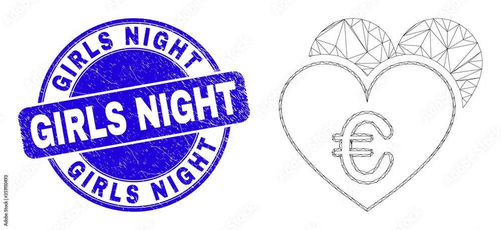 Web mesh euro love hearts icon and Girls Night seal. Blue vector round distress stamp with Girls Night caption. Abstract frame mesh polygonal model created from euro love hearts icon.