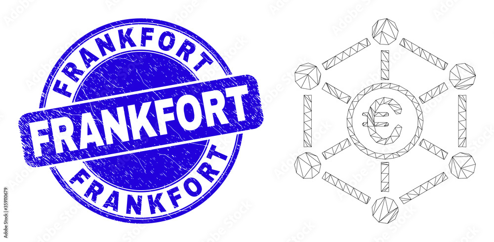 Web carcass euro network icon and Frankfort seal. Blue vector round scratched seal stamp with Frankfort text. Abstract carcass mesh polygonal model created from euro network icon. Web carcass euro network icon and Frankfort seal. Blue vector round scratched seal stamp with Frankfort text. Abstract carcass mesh polygonal model created from euro network icon.