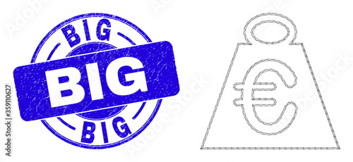 Web mesh euro mass pictogram and Big seal. Blue vector rounded scratched seal with Big caption. Abstract carcass mesh polygonal model created from euro mass pictogram.