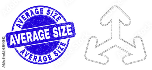 Web carcass expand arrows icon and Average Size seal stamp. Blue vector round distress seal stamp with Average Size text. Abstract carcass mesh polygonal model created from expand arrows icon.