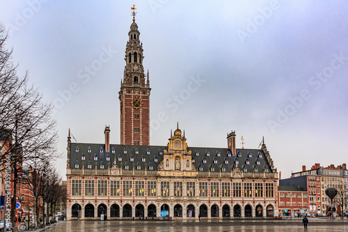 Medieval-looking gothic building of the University Library in Leuven  Belgium