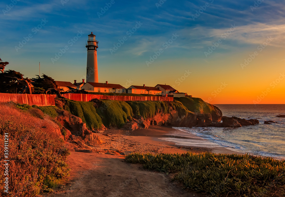 Panoramic view of Pigeon Point Lightouse at sunset, California, USA