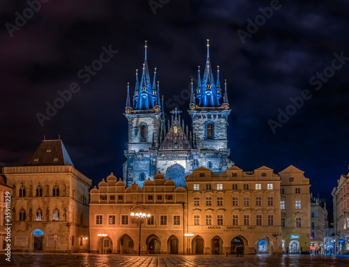 Night view of Tyn Cathedral or Church of Our Lady (Staromestske namesti) on historic square in the Old Town of Prague, Czech Republic