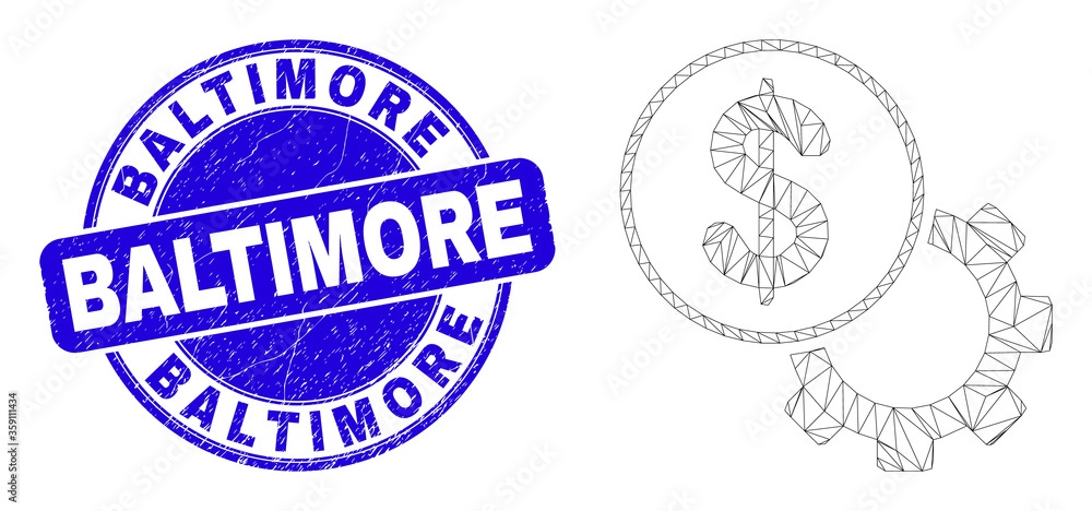 Web mesh financial options gear icon and Baltimore seal stamp. Blue vector round distress stamp with Baltimore caption. Abstract carcass mesh polygonal model created from financial options gear icon. Web mesh financial options gear icon and Baltimore seal stamp. Blue vector round distress stamp with Baltimore caption. Abstract carcass mesh polygonal model created from financial options gear icon.