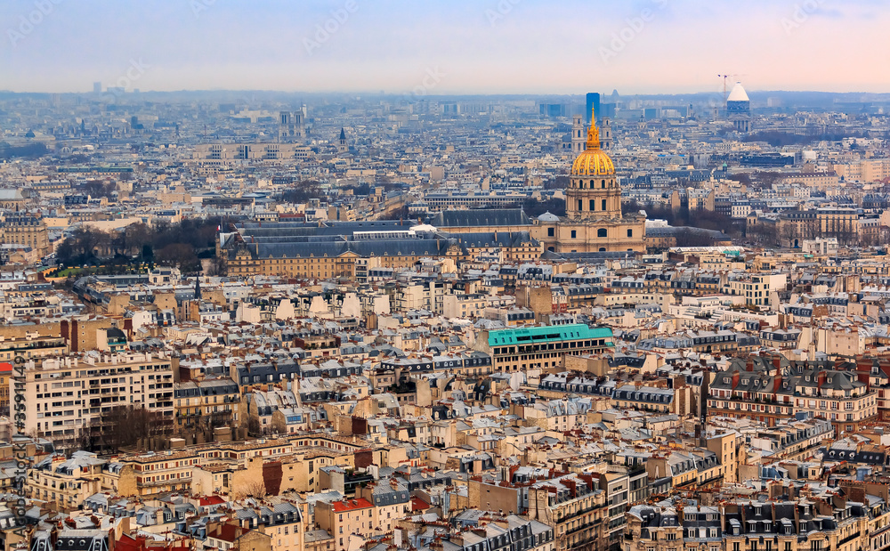 Aerial view of Paris, France with the Cathedrale Saint Louis des Invalides cathedral from top of the Eiffel Tower or Tour Eiffel