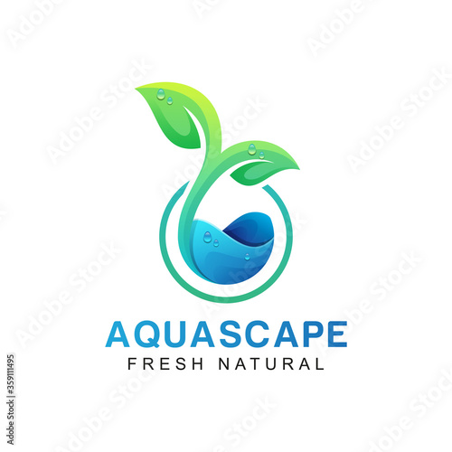 aqua scape natural fresh leaf logo, wave or water with leaf logo concept, vector template