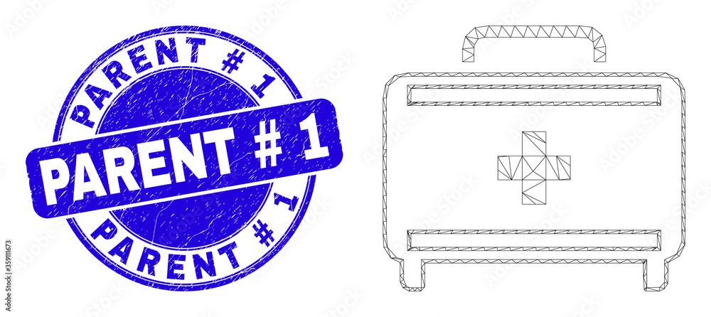 Obraz premium Web mesh first aid case icon and Parent # 1 seal. Blue vector rounded grunge seal with Parent # 1 message. Abstract carcass mesh polygonal model created from first aid case icon.