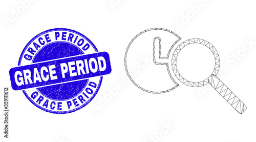 Web carcass find time pictogram and Grace Period watermark. Blue vector round scratched watermark with Grace Period text. Abstract frame mesh polygonal model created from find time pictogram.