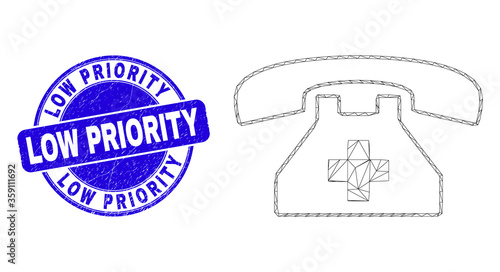 Web mesh first aid phone icon and Low Priority seal stamp. Blue vector rounded grunge stamp with Low Priority phrase. Abstract carcass mesh polygonal model created from first aid phone pictogram.