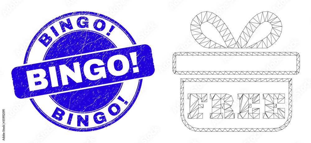 Obraz premium Web mesh free gift icon and Bingo! seal stamp. Blue vector rounded textured seal stamp with Bingo! title. Abstract frame mesh polygonal model created from free gift icon.