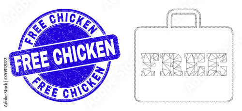 Web mesh free case icon and Free Chicken seal stamp. Blue vector round distress seal with Free Chicken title. Abstract carcass mesh polygonal model created from free case icon.