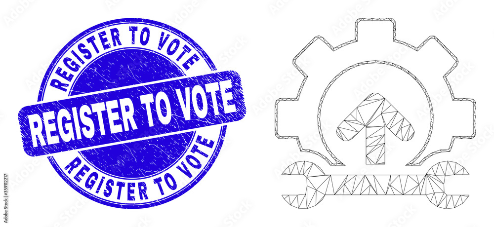 Web mesh gear integration arrow icon and Register to Vote stamp. Blue vector rounded textured stamp with Register to Vote phrase. Web mesh gear integration arrow icon and Register to Vote stamp. Blue vector rounded textured stamp with Register to Vote phrase.