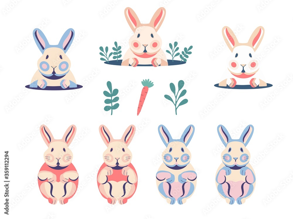 Cute flat rabbits bunnies collection for easter, greeting cards
