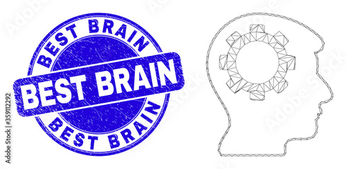 Web carcass gear thinking head icon and Best Brain seal stamp. Blue vector round scratched seal stamp with Best Brain caption.