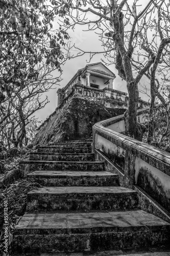 Stairs to Phimanphet Mahesuan Hall in Phetchaburi, Thailand (in monochrome)
