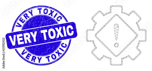 Web carcass gear warning pictogram and Very Toxic seal stamp. Blue vector rounded scratched seal stamp with Very Toxic title. Abstract carcass mesh polygonal model created from gear warning pictogram.