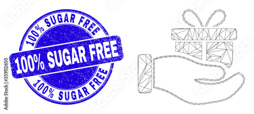 Web mesh gift hand pictogram and 100% Sugar Free seal. Blue vector round distress seal with 100% Sugar Free title. Abstract frame mesh polygonal model created from gift hand pictogram.