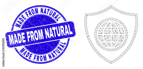 Web mesh global shield icon and Made from Natural watermark. Blue vector round grunge watermark with Made from Natural caption. Abstract carcass mesh polygonal model created from global shield icon.