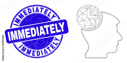 Web mesh head clock icon and Immediately watermark. Blue vector round grunge watermark with Immediately title. Abstract carcass mesh polygonal model created from head clock icon.