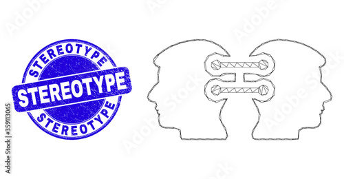 Web mesh head links integration icon and Stereotype stamp. Blue vector rounded textured stamp with Stereotype phrase. Abstract carcass mesh polygonal model created from head links integration icon.