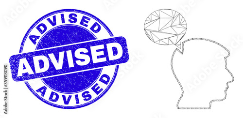 Web mesh head thinking cloud pictogram and Advised seal stamp. Blue vector round scratched seal stamp with Advised message.
