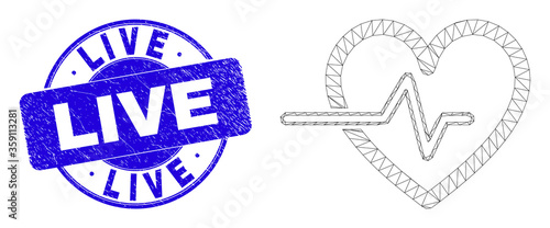 Web mesh heart pulse icon and Live seal. Blue vector rounded scratched seal stamp with Live text. Abstract carcass mesh polygonal model created from heart pulse icon.