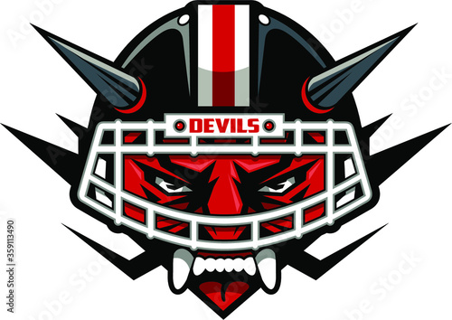 crazy devil football mascot wearing facemask and horns for school, college or league
