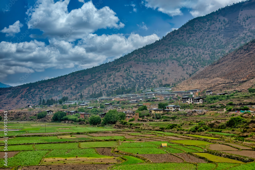 Landscape, cityscape photo of Paro, Bhutan  – April 29, 2018 – Paro is a valley town in Bhutan, west of the capital, Thimphu. It is known for the many sacred sites in the area