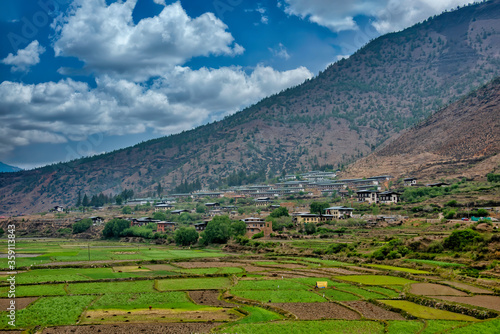 Landscape, cityscape photo of Paro, Bhutan – April 29, 2018 – Paro is a valley town in Bhutan, west of the capital, Thimphu. It is known for the many sacred sites in the area