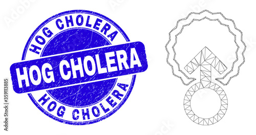 Web mesh insemination pictogram and Hog Cholera seal stamp. Blue vector round scratched stamp with Hog Cholera title. Abstract carcass mesh polygonal model created from insemination pictogram.