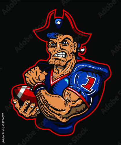 muscular patriots football team mascot holding ball for school, college or league