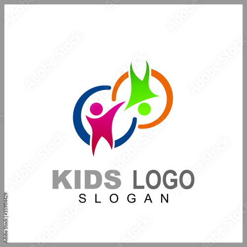 Kids care logo vector, caring children, family parenting, charity people, health care clinic, happy child play with parent