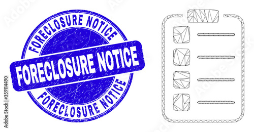 Web mesh list items pad pictogram and Foreclosure Notice seal. Blue vector round grunge seal with Foreclosure Notice phrase.
