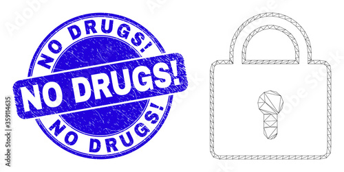 Web carcass lock icon and No Drugs! seal stamp. Blue vector round distress seal stamp with No Drugs! title. Abstract carcass mesh polygonal model created from lock icon.