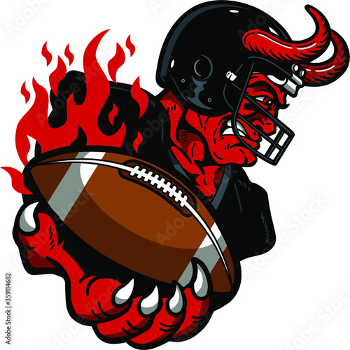 devil football mascot holding flaming ball in hand for school, college or league