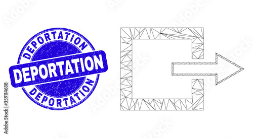 Web mesh log out icon and Deportation seal stamp. Blue vector round textured stamp with Deportation text. Abstract frame mesh polygonal model created from log out icon.