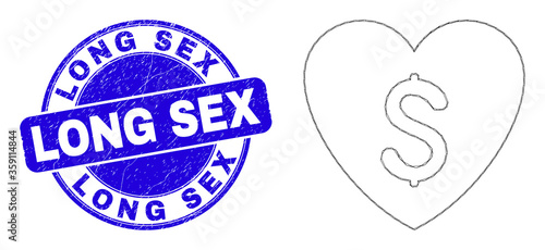Web carcass love price icon and Long Sex seal stamp. Blue vector round grunge seal stamp with Long Sex text. Abstract frame mesh polygonal model created from love price icon.