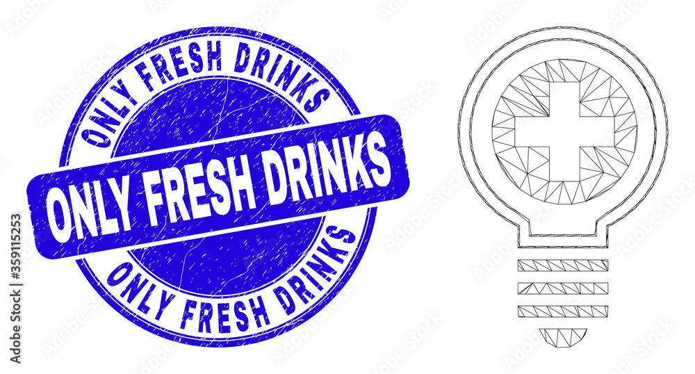 Fototapeta premium Web mesh medical bulb icon and Only Fresh Drinks watermark. Blue vector rounded scratched watermark with Only Fresh Drinks phrase. Abstract carcass mesh polygonal model created from medical bulb icon.
