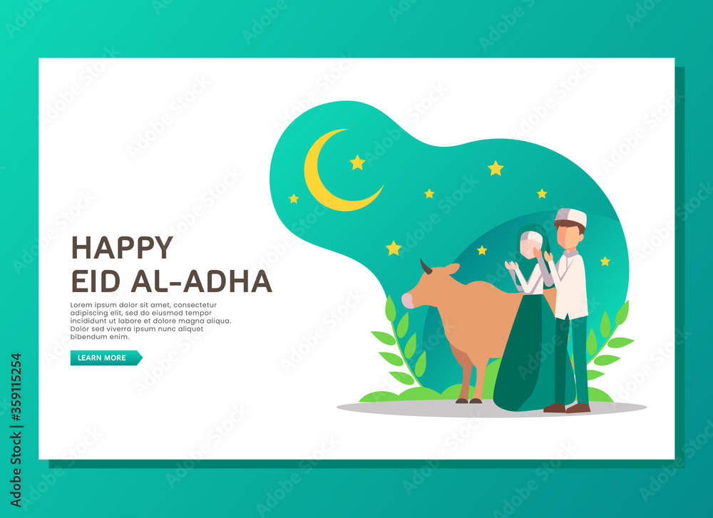 Obraz premium Eid al Adha landing page concept with cow and people