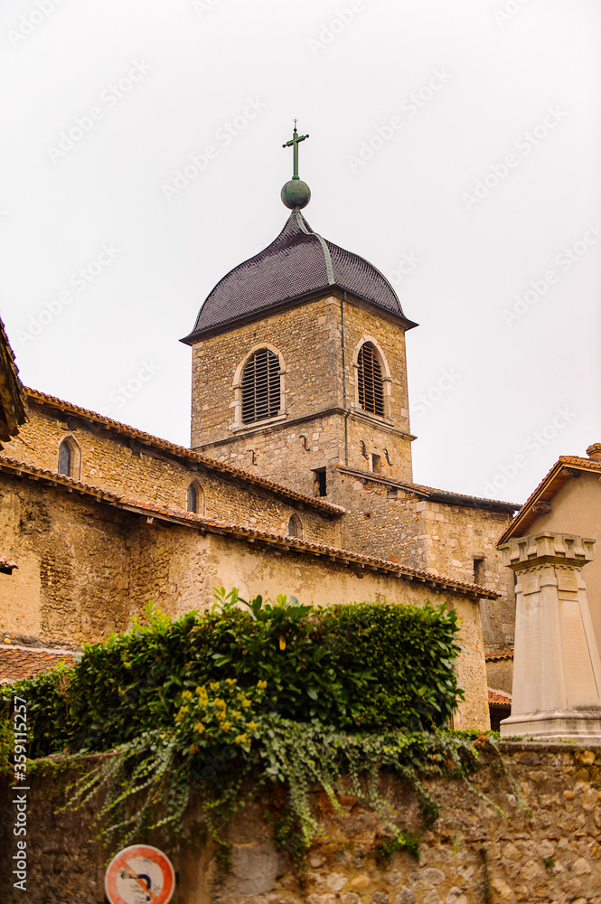 Church of Perouges, France, a medieval walled town, a popular touristic attraction.