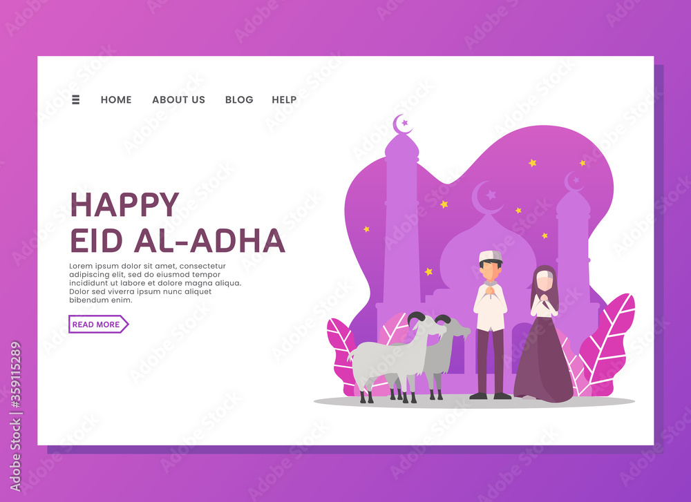 Eid al Adha landing page concept with goat and people Eid al Adha landing page concept with goat and people