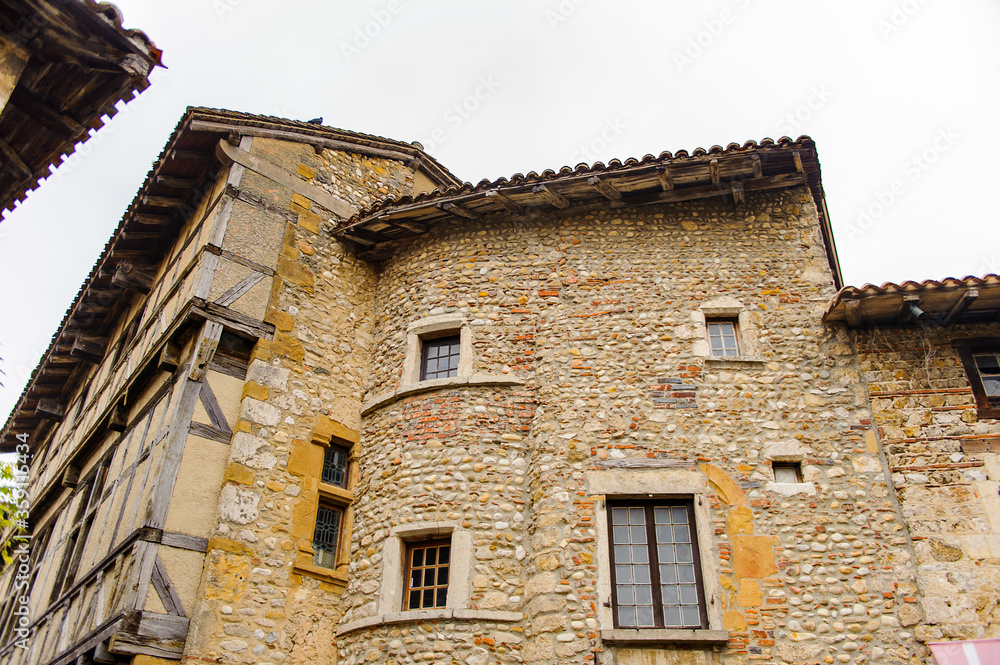 Architecture of the main square Perouges, France, a medieval walled town, a popular touristic attraction.