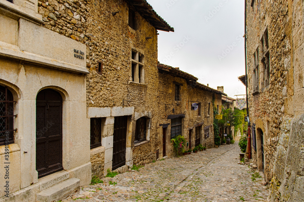 Medieval architecture of Perouges, France, a walled town, a popular touristic attraction.