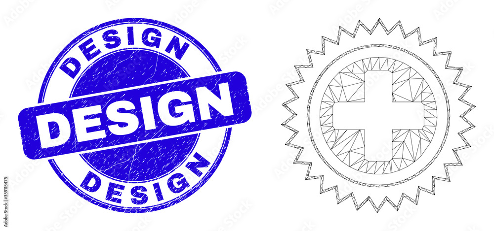 Web mesh medical cross icon and Design seal stamp. Blue vector rounded distress stamp with Design text. Abstract carcass mesh polygonal model created from medical cross icon.