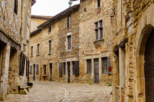 Medieval architecture of Perouges, France, a walled town, a popular touristic attraction.