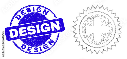 Web mesh medical cross icon and Design seal stamp. Blue vector rounded distress stamp with Design text. Abstract carcass mesh polygonal model created from medical cross icon.