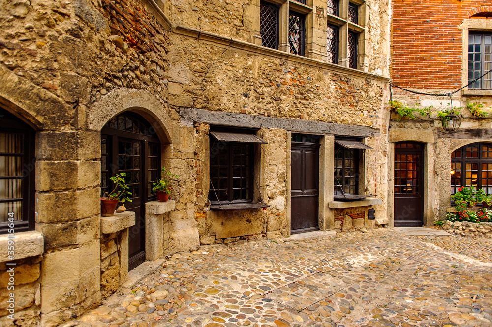Stone house of Perouges, France, a medieval walled town, a popular touristic attraction.