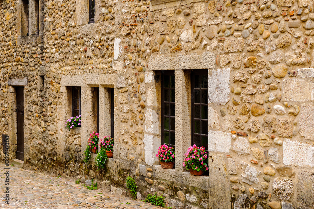 Old house of Perouges, France, a medieval walled town, a popular touristic attraction.