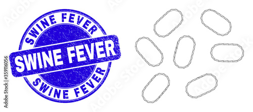 Web carcass microbes pictogram and Swine Fever watermark. Blue vector round grunge watermark with Swine Fever text. Abstract carcass mesh polygonal model created from microbes icon.